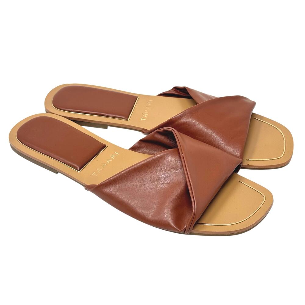 Tahari Sabana Cognac Brown Faux Leather Criss Cross Slide Sandals Padded Size 10